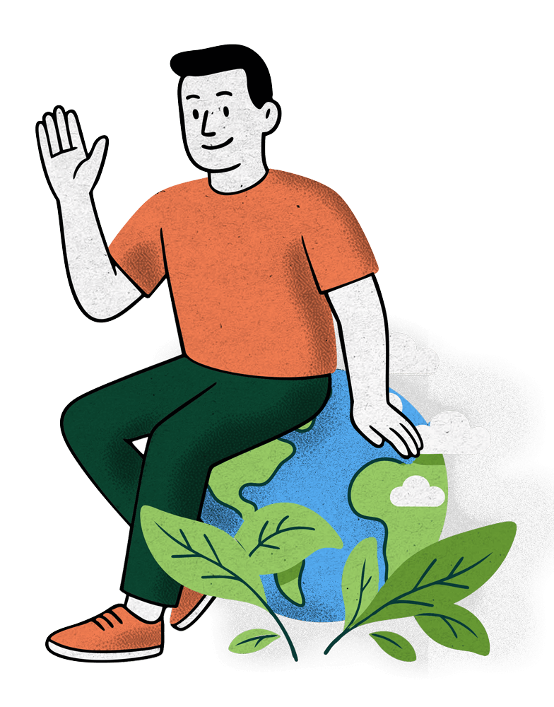 Illustrazione di un uomo in maglia arancione e pantaloni verdi seduto sul pianeta, con vegetazione in primo piano, mentre rivolge un gesto di saluto