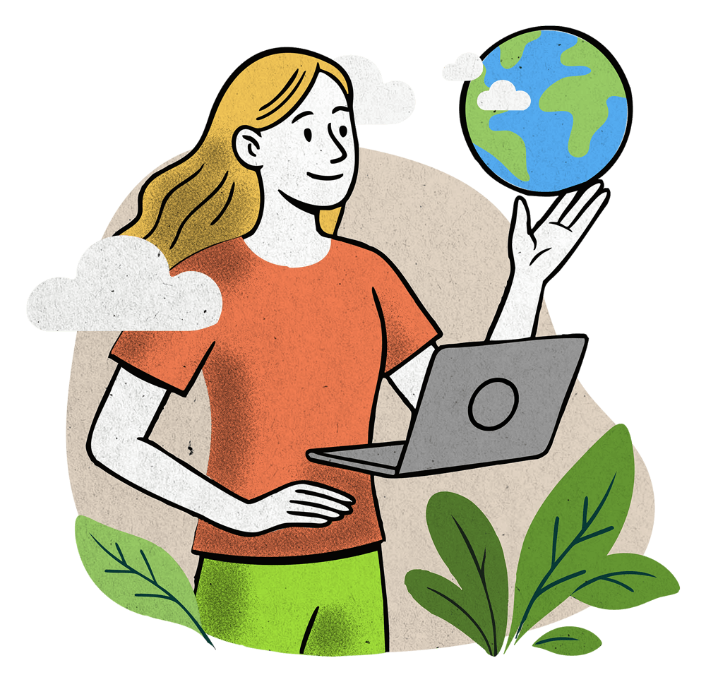 illustrazione di una donna in maglia arancione e pantaloni verdi davanti a un pc portatile, mentre regge il pianeta nel palmo della mano