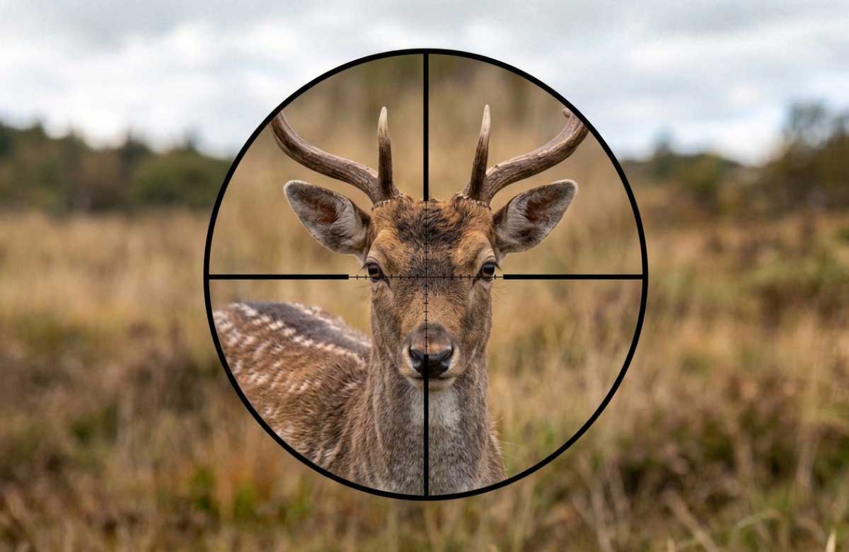 Un cervo visto attraverso un mirino da caccia, in un campo erboso